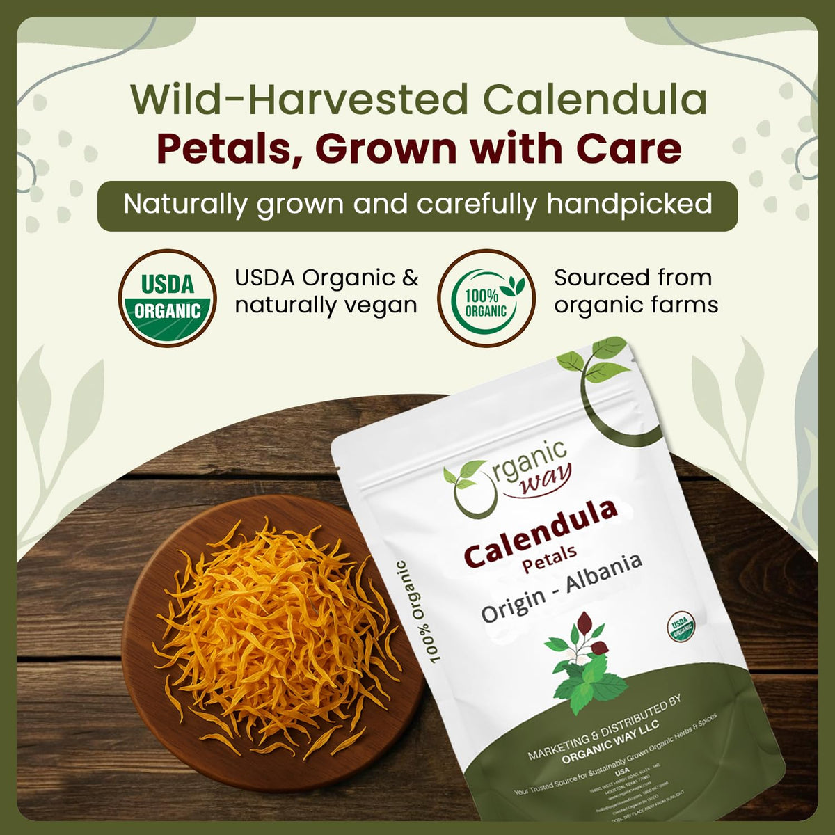 Organic Way calendula petals tea brew pouring into cup.
