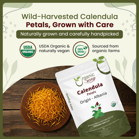 Organic Way calendula petals tea brew pouring into cup.