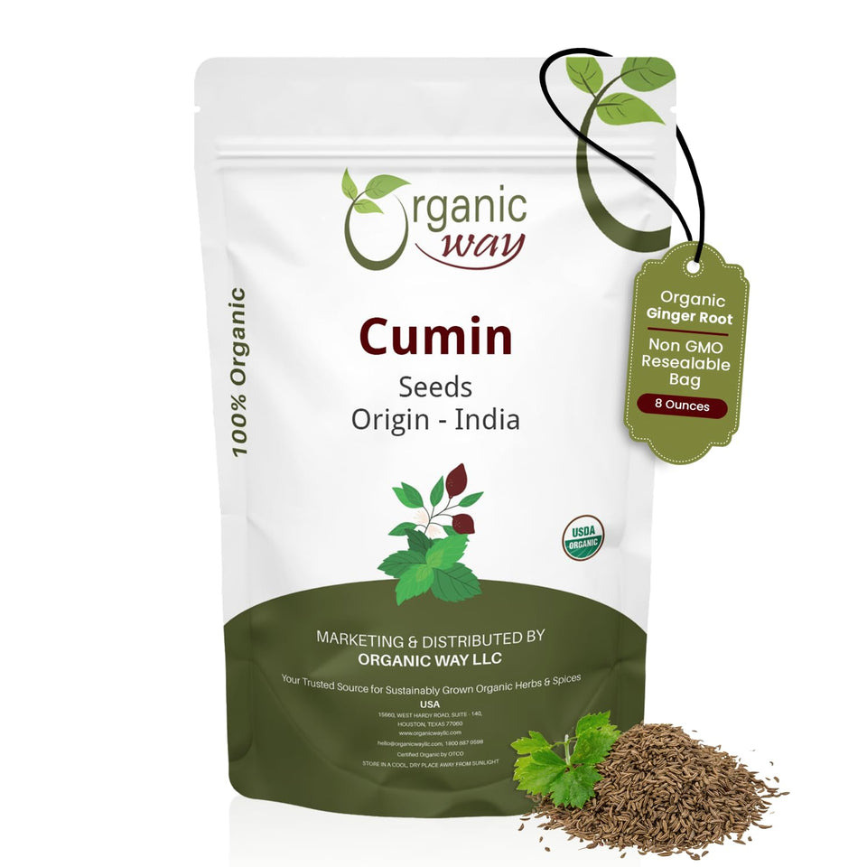 Organic Way cumin seeds whole jar with rich aroma enhancing everyday cooking.