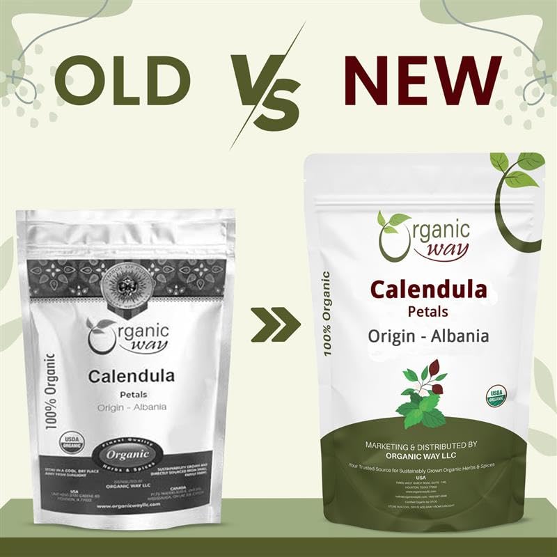 Organic Way dried calendula petals close-up, vibrant and pure for soothing herbal blends.