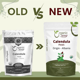 Organic Way dried calendula petals close-up, vibrant and pure for soothing herbal blends.
