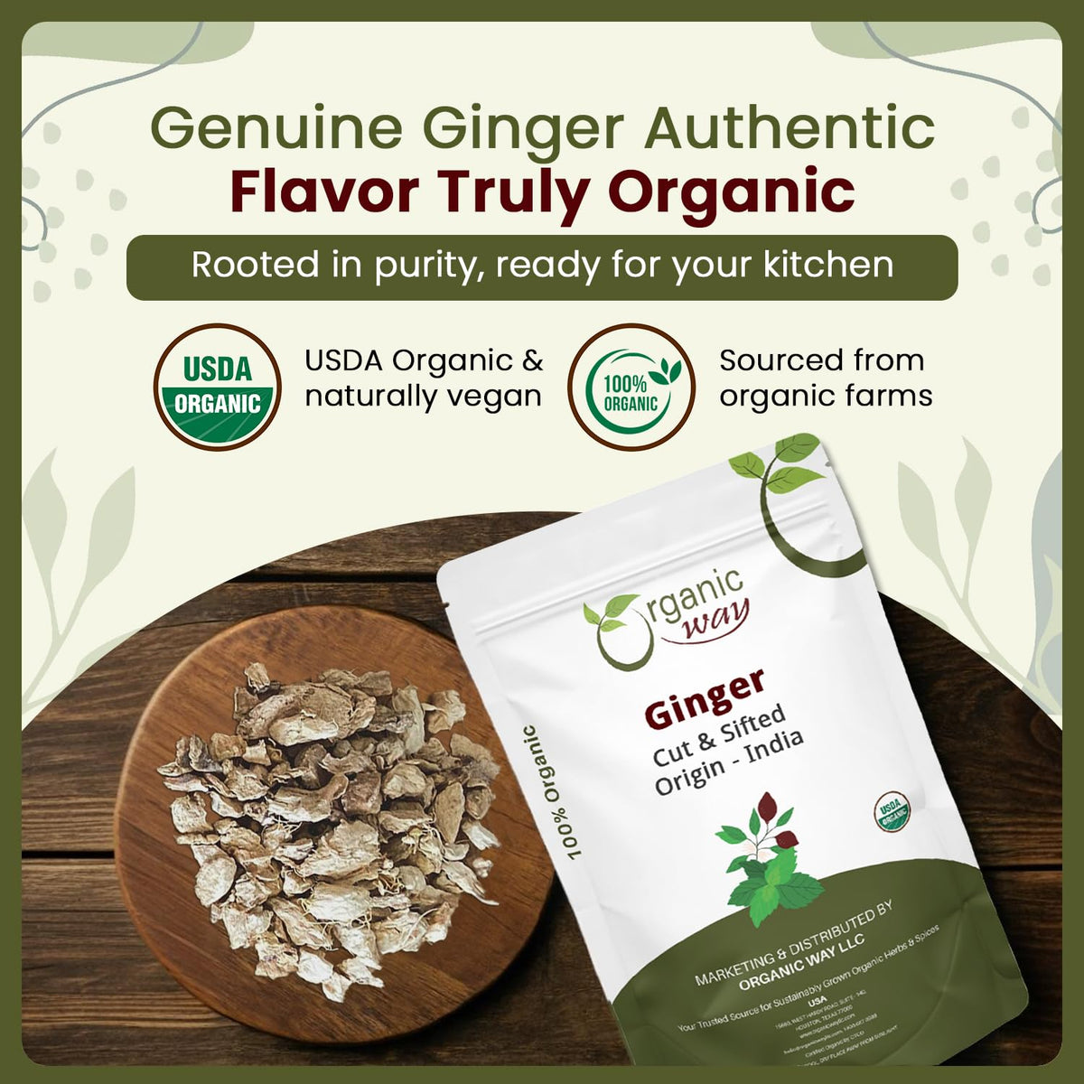 Organic Way dried ginger ideal for cooking and tea blends with long shelf life.