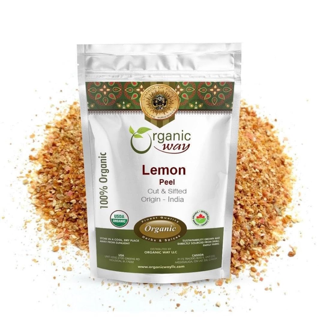 Organic Way dried lemon peel cut for baking and cooking with bright citrus aroma.