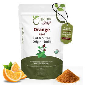 Organic Way dried orange peel for tea, bright citrus aroma.