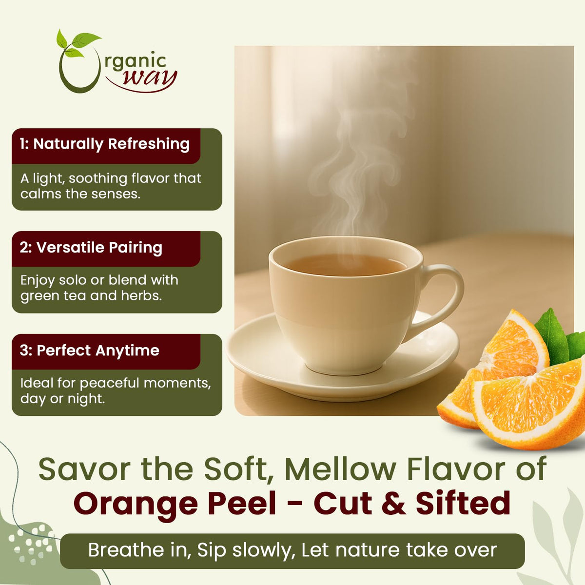 Organic Way dried orange peel used as spice blend ingredient.