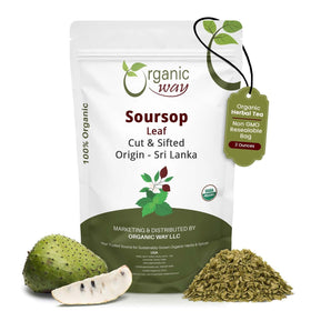 Organic Way dried soursop leaf coarse cut in bag, ideal for easy tea preparation.