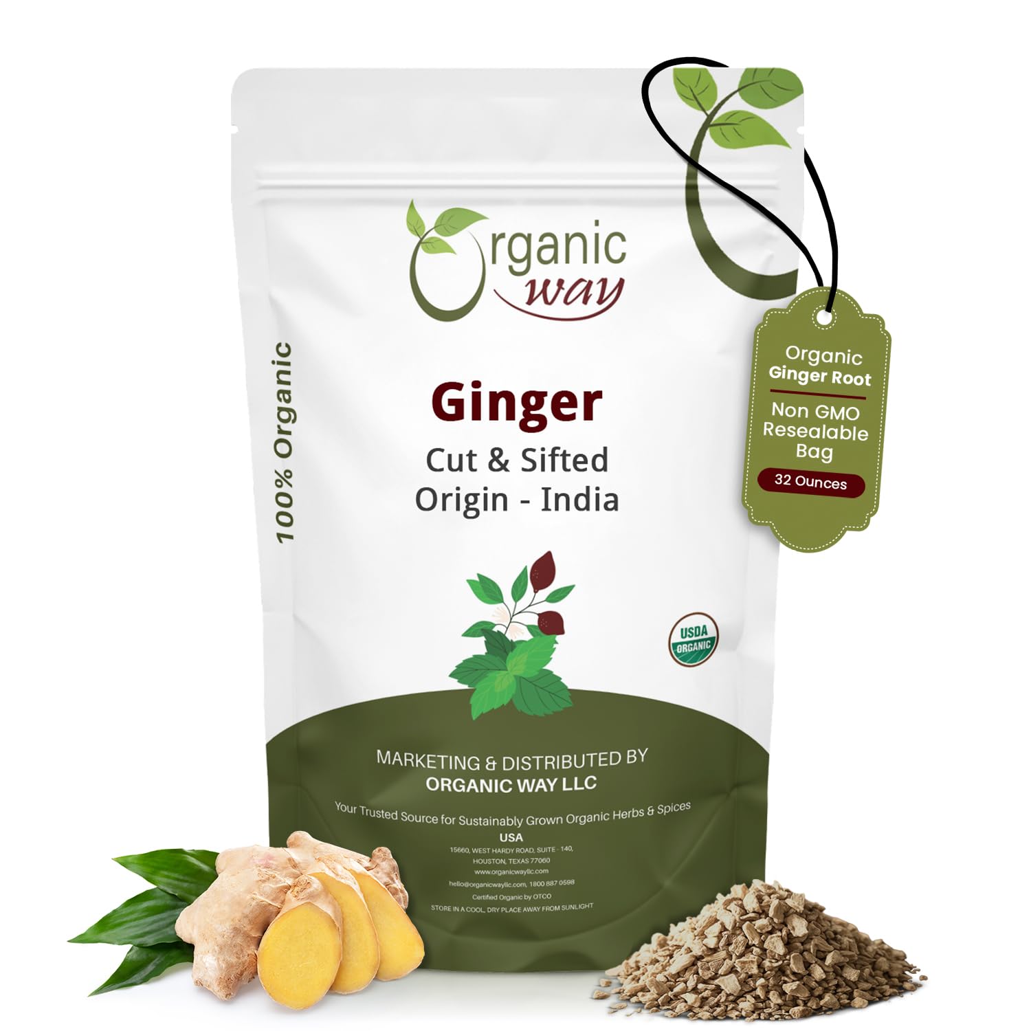 Organic Way ginger root cut and sifted in resealable pouch for fresh flavor
