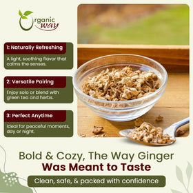 Organic Way ginger tea infusion from dried root for aromatic brews.