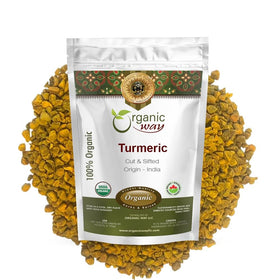 Organic Way haldi root pieces ideal for flavorful infusions and spice blends.