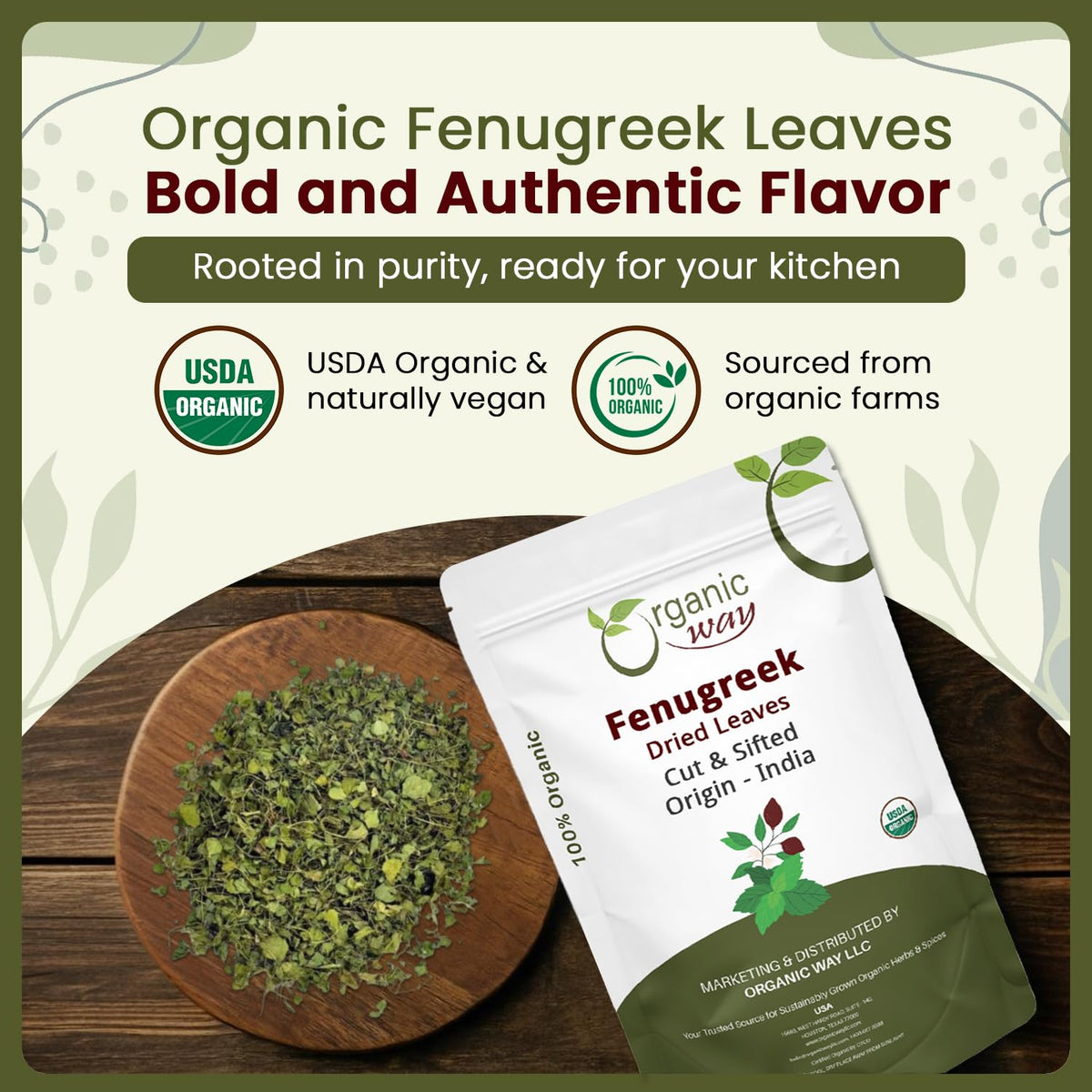 Organic Way Kasuri Methi aroma bottle showcases fragrant leaves ready to season