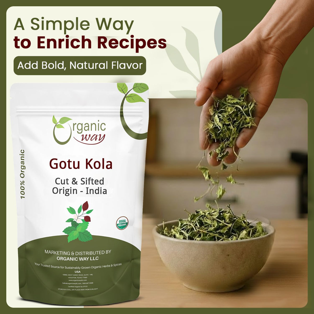 Organic Way kosher and USDA certified gotu kola label.