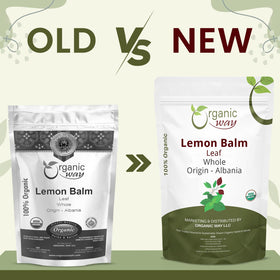 Organic Way Lemon Balm Leaf Whole—mild citrus flavor enhances infusions and blends.