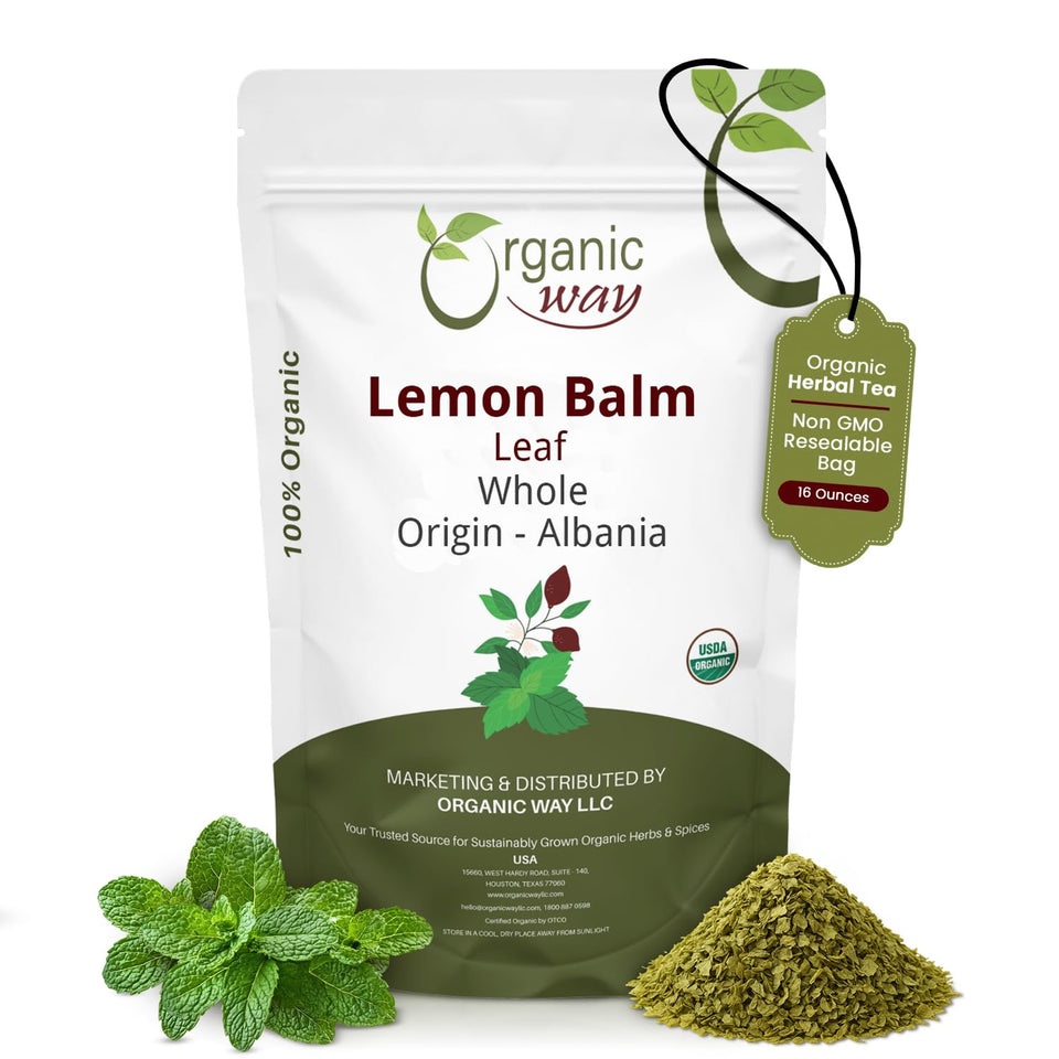 Organic Way Lemon Balm Leaf Whole packaging shows resealable bag for freshness