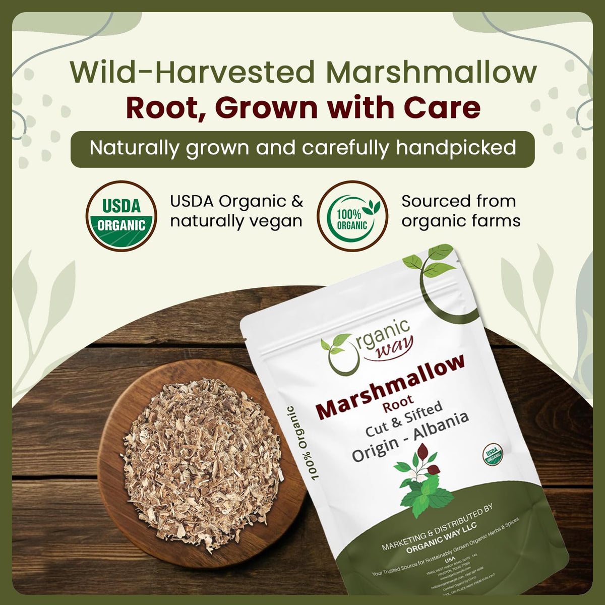 Organic Way marshmallow root earthy aroma highlighting natural fragrance.