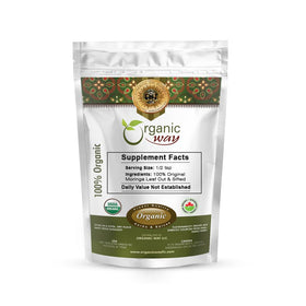 Close-up of Organic Way Moringa leaves showing uniform texture and vibrant color for blends.