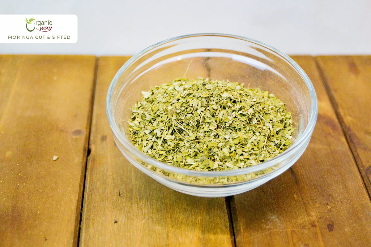 Organic Way Moringa leaves in a jar demonstrating easy storage and ready-to-use versatility.
