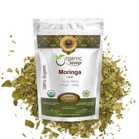 Organic Way Moringa leaves, cut and sifted packaging, ideal for organized pantry storage and long-term freshness.