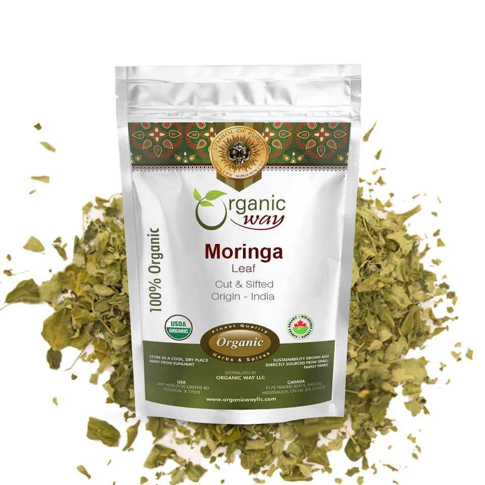 Organic Way Moringa leaves, cut and sifted packaging, ideal for organized pantry storage and long-term freshness.