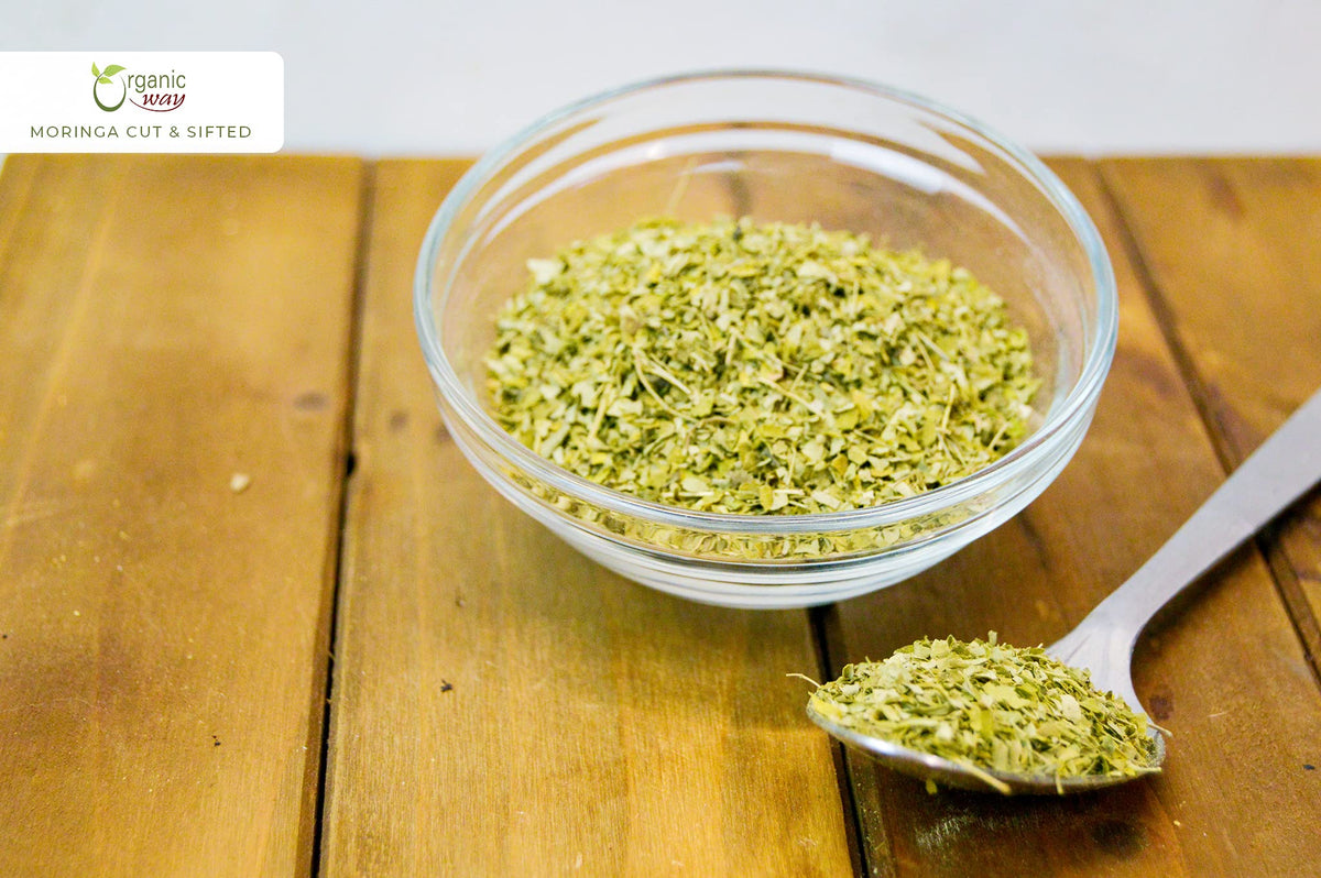 Organic Way Moringa tea setup hints at aromatic infusion potential.
