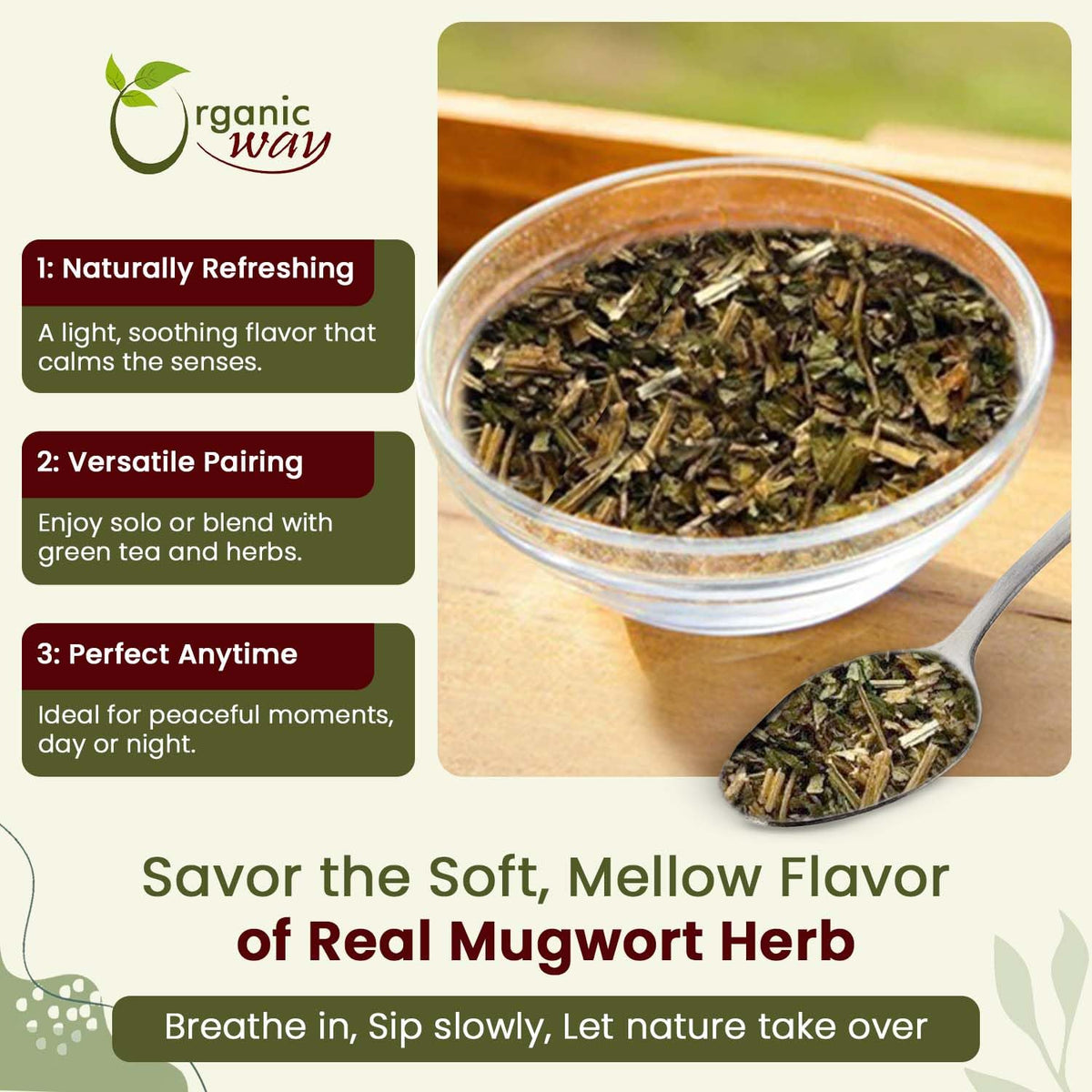 Organic Way mugwort loose leaf shown in a jar for DIY blends.