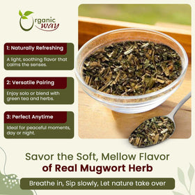 Organic Way mugwort loose leaf shown in a jar for DIY blends.