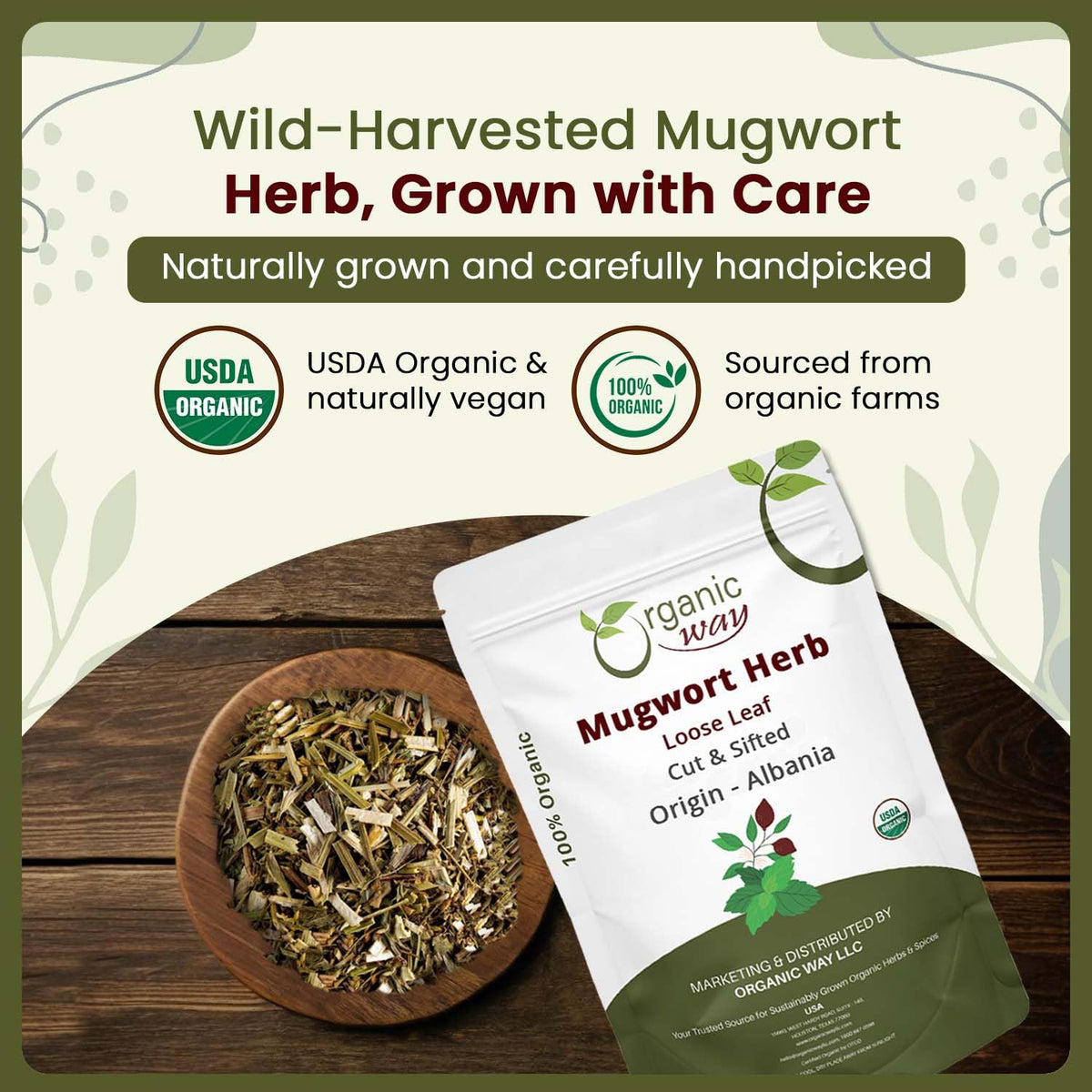 Organic Way mugwort loose leaf in a glass teapot ready for infusion.