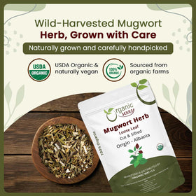 Organic Way mugwort loose leaf in a glass teapot ready for infusion.