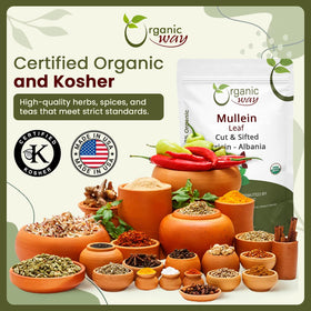 Organic Way mullein leaf herbal tea packaging signals premium quality.