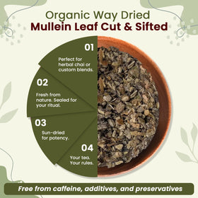 Organic Way mullein leaf tea brew close-up with steam.