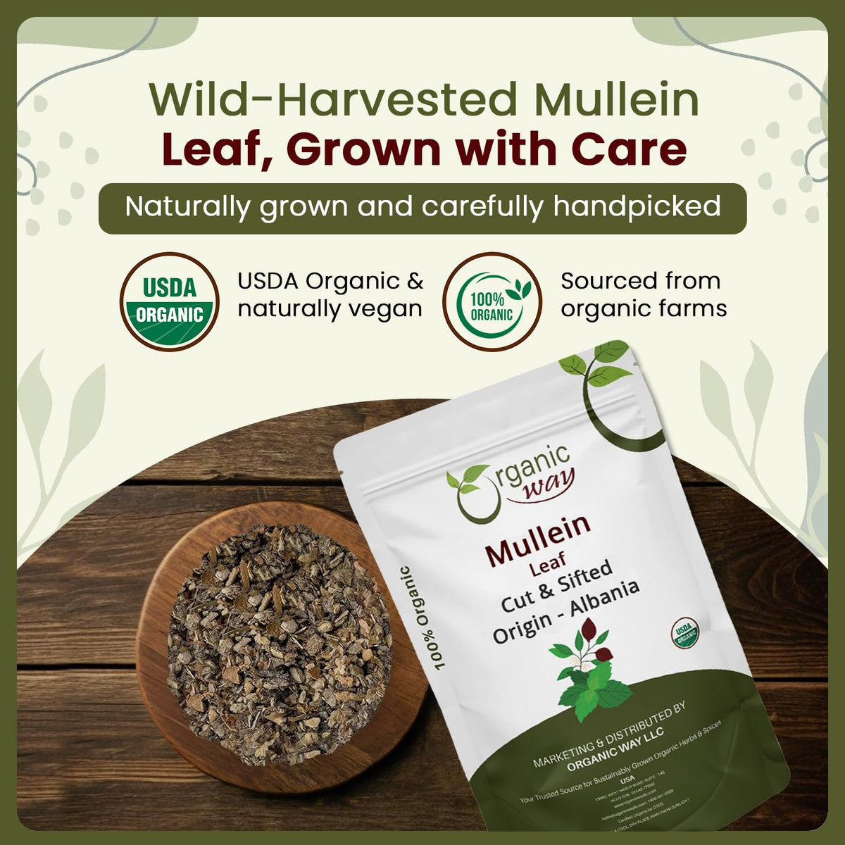 Organic Way Mullein Leaf Tea in a cup, warm and earthy.