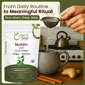Organic Way Mullein Leaf Tea finely cut leaves for consistency.
