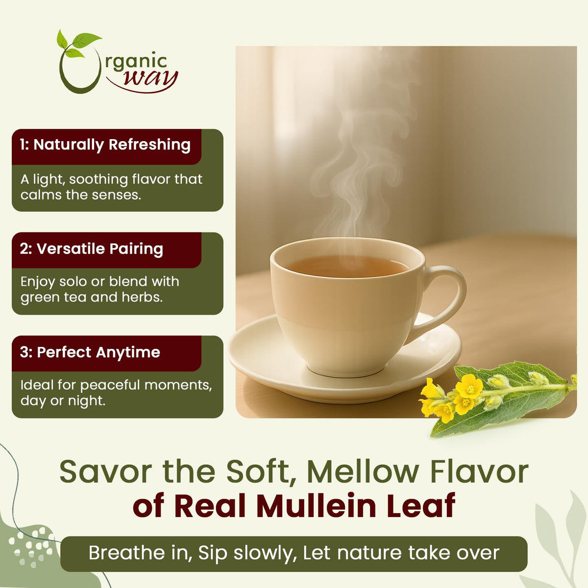 Organic Way Mullein Leaf Tea packaging confirms organic, kosher-certified quality.