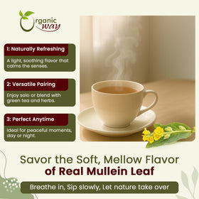 Organic Way Mullein Leaf Tea packaging confirms organic, kosher-certified quality.