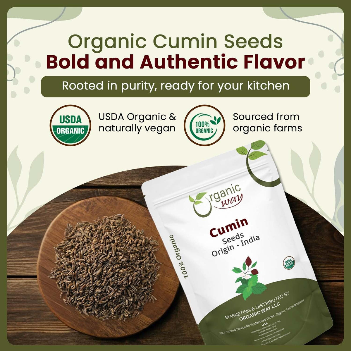 Organic Way organic cumin seeds packaging label highlights kosher and USDA certifications.