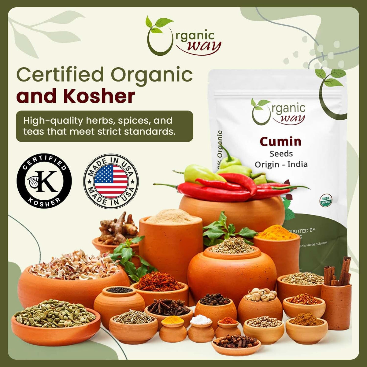 Organic Way organic cumin seeds ready for home grinding.