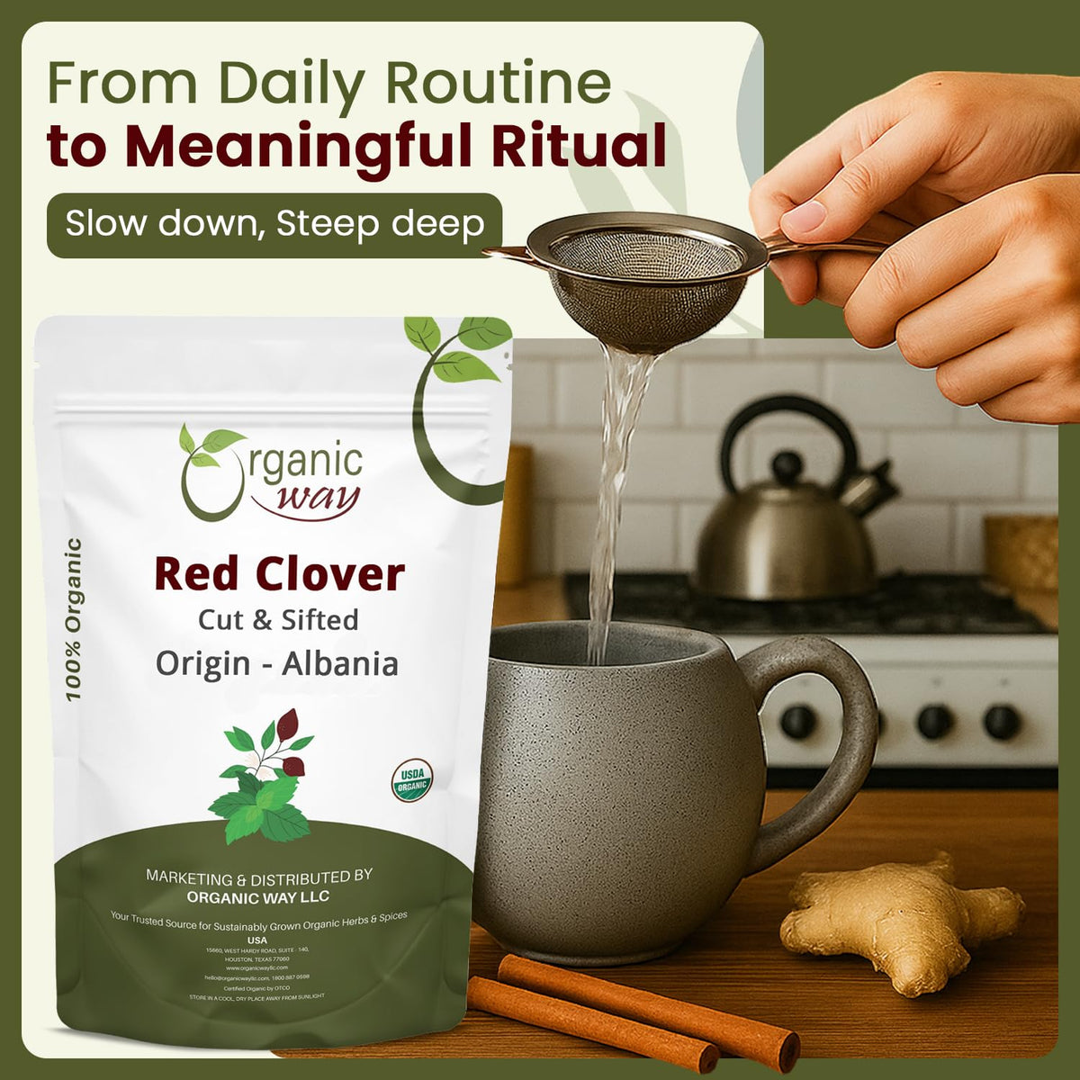 Organic Way kosher certification seal on red clover product