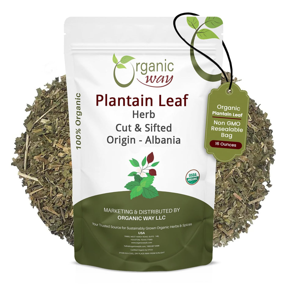 Organic Way plantain leaf packaging close-up highlighting purity for herbal blends