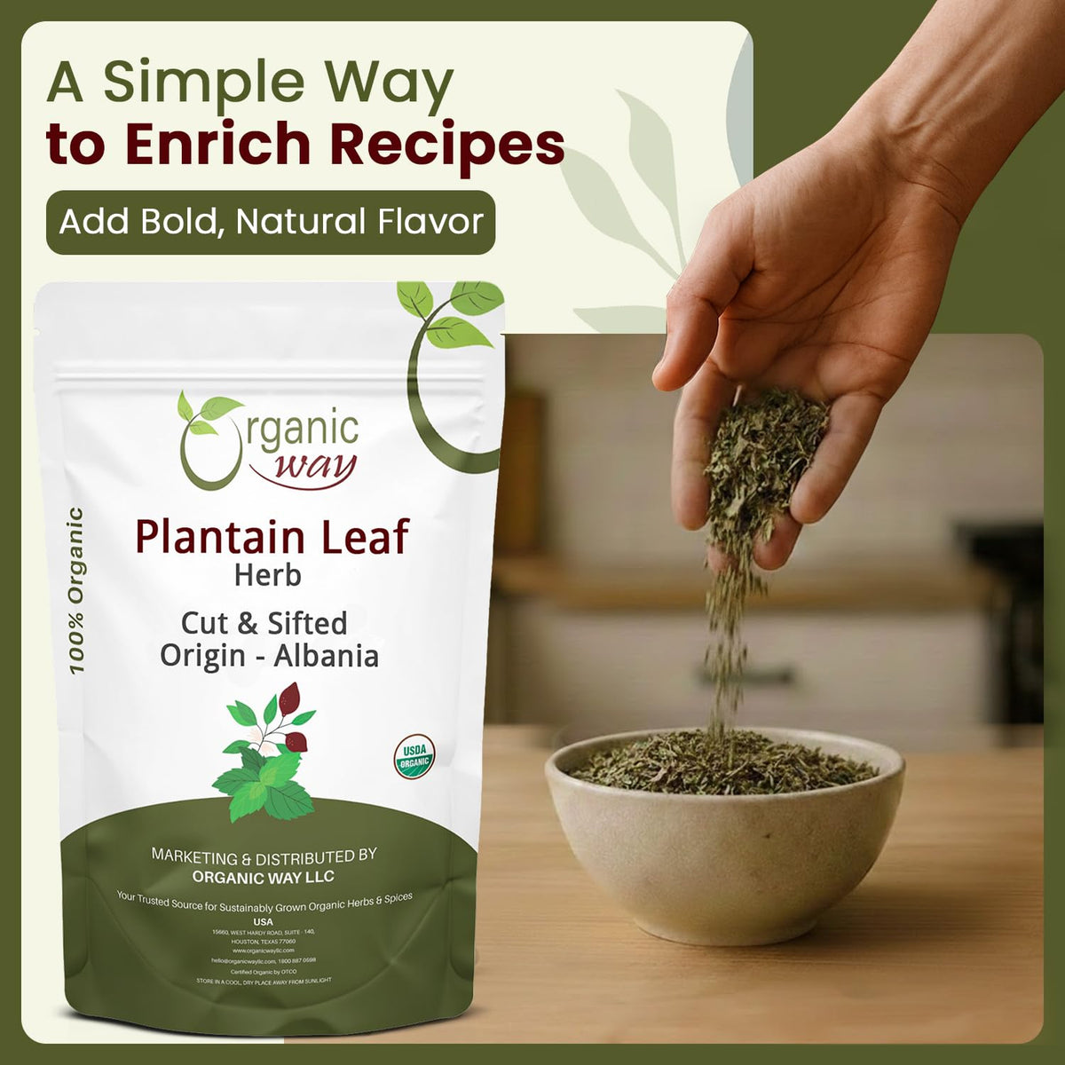 Organic Way plantain leaf tea in hot water cup demonstrating infusion