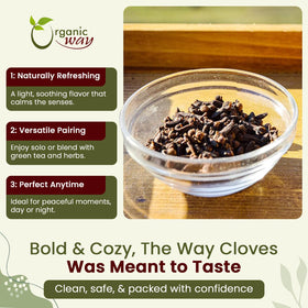 Organic Way clove buds; strong aroma ideal for desserts and beverages.