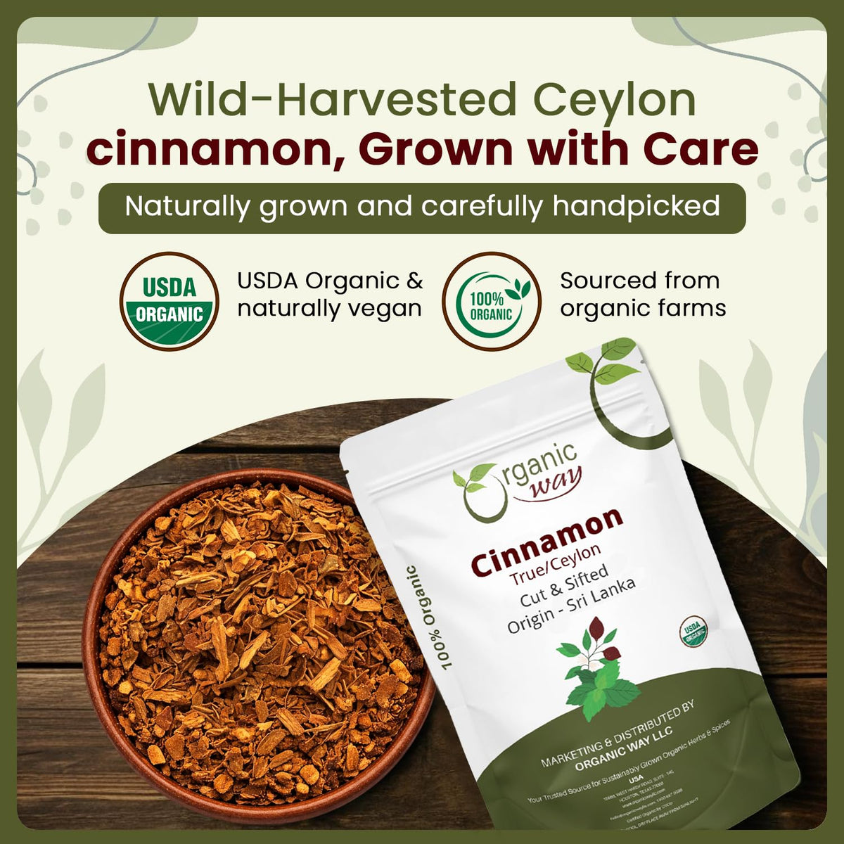 Organic Way True Ceylon Cinnamon close-up texture highlighting fine grind