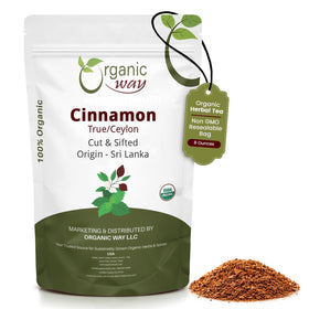 Organic Way True Ceylon Cinnamon cut and sifted 8oz pack front view enhances baking flavor.