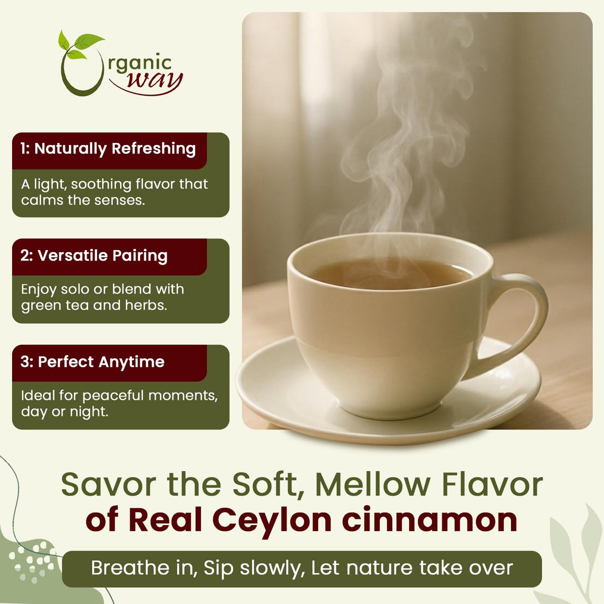 Organic Way Cinnamon dust on spoon shows fine grind for baking.