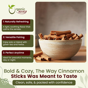 Organic Way True Ceylon Cinnamon Sticks closeup reveals delicate texture and rolled form.
