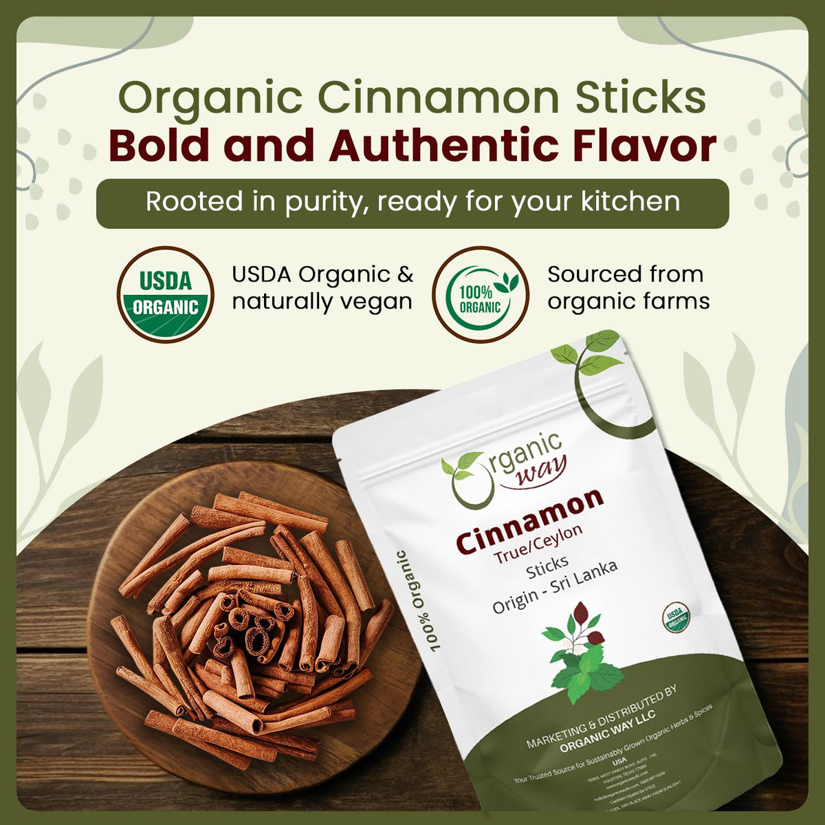 Organic Way True Ceylon Cinnamon Sticks in a jar for easy flavor infusion.