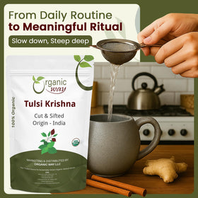 Organic Way Tulsi Krishna brew-kettle setup highlights easy steeping for a comforting cup.