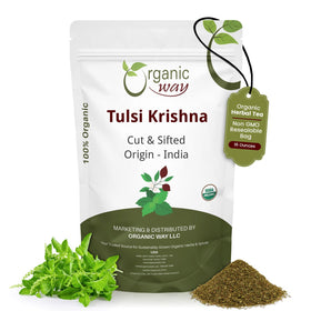 Organic Way Tulsi Krishna cut and sifted tea leaves for pure flavor and aromatic blends.