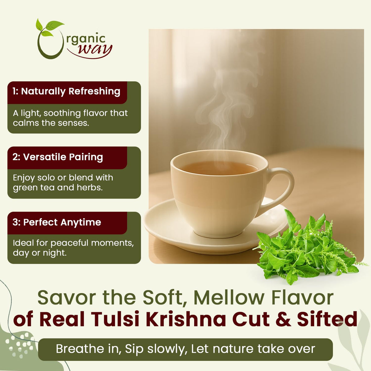Organic Way Tulsi Krishna loose tea herbs ideal for custom blends and DIY infusions.