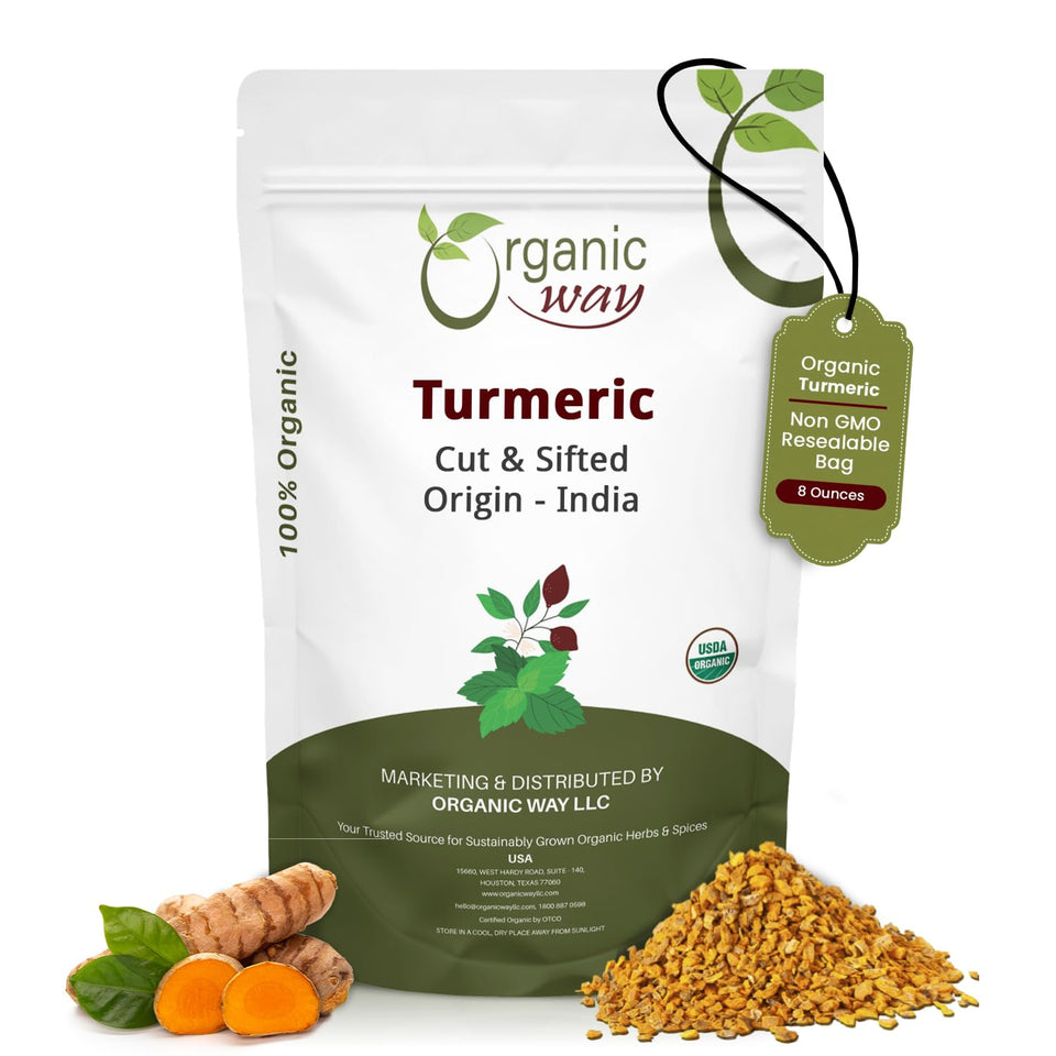 Organic Way turmeric root cut and sifted for easy tea infusions.