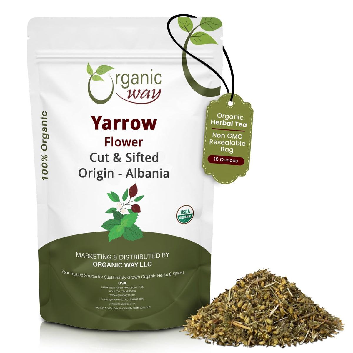 Organic Way Yarrow Flower cut & sifted tea bundle with fresh aroma for brewing.