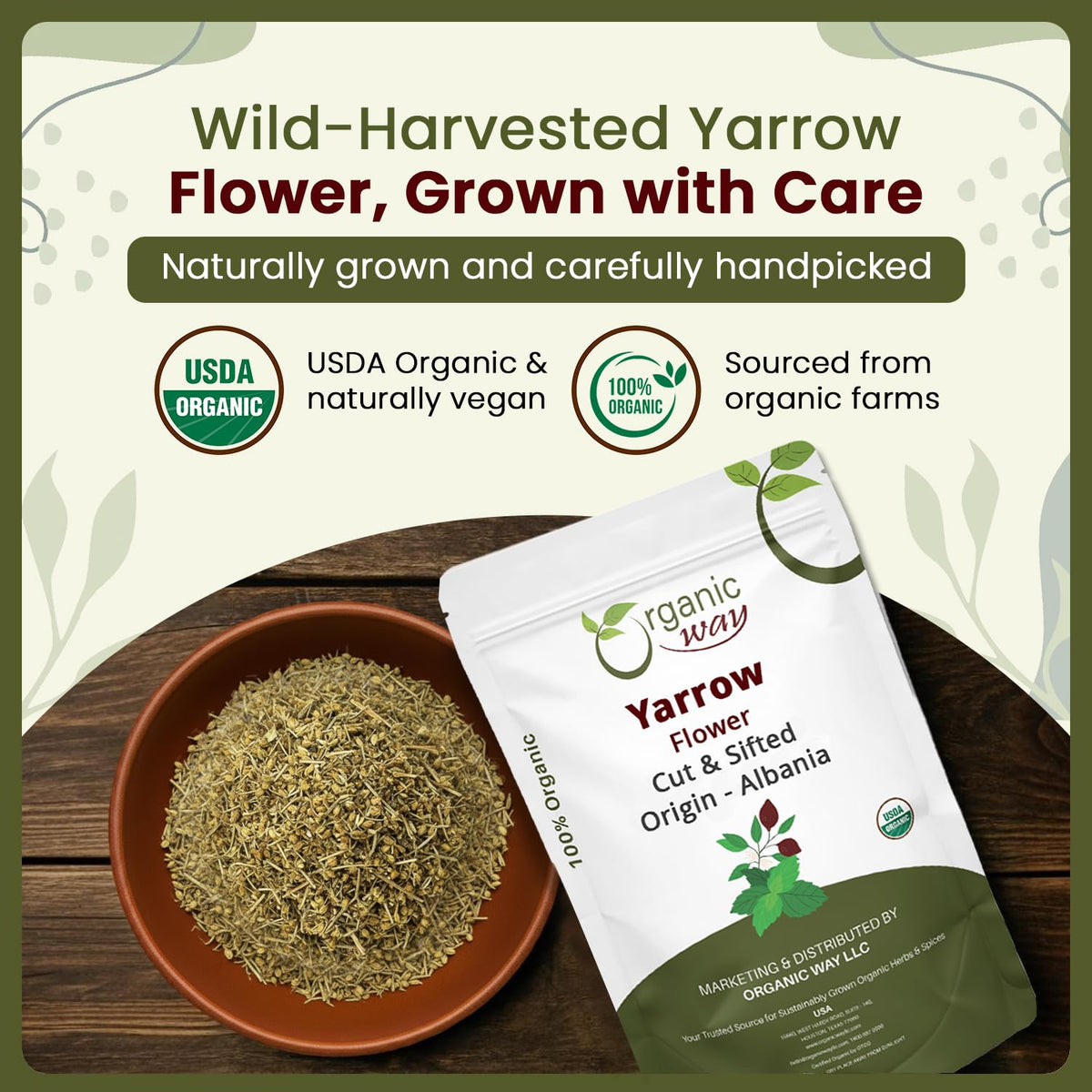 Organic Way Yarrow Flower dried herb closeup showing earthy notes for blends.